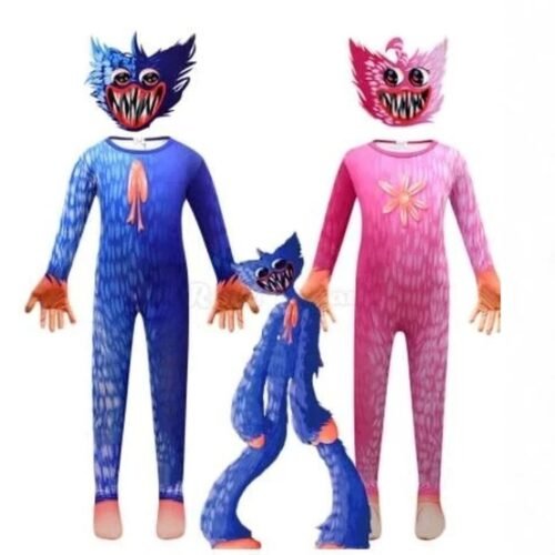 Kids Poppy Playtime Costume Jumpsuit with Mask - Huggy Wuggy Blue / Kissy Missy Pink Monster Game Cosplay Outfits for Boys & Girls